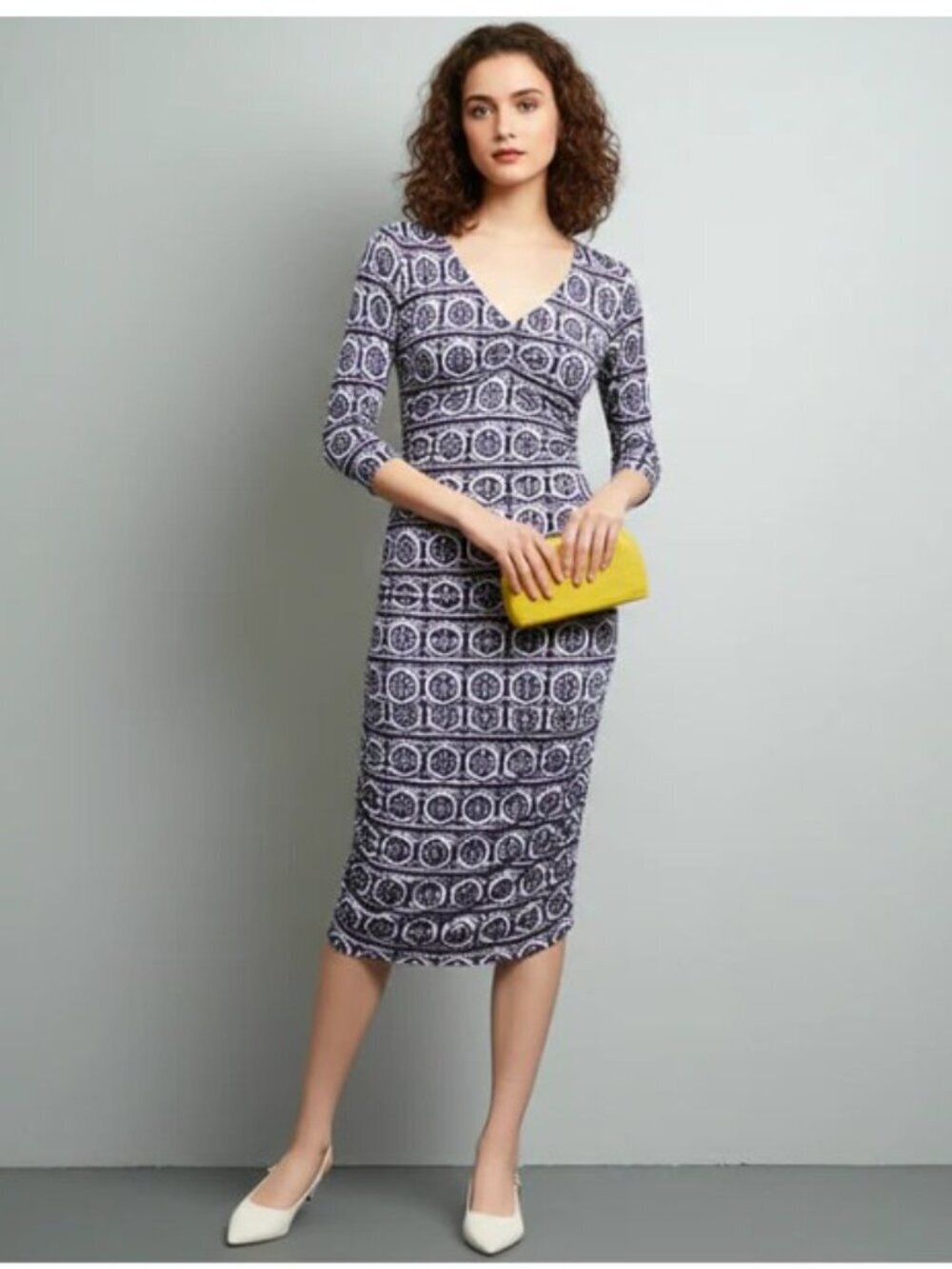 Anthropologie Blue Floral Ruched Bodycon Midi Dress M V Neck
